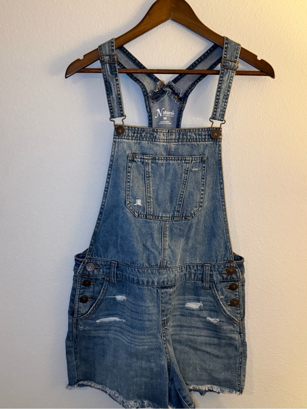 Natural Reflections Denim Short Overalls Womens Medium Distressed Bib Shortalls